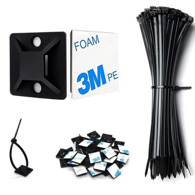 Strong Back-Glue Self Adhesive Cable Zip Tie Mounts Kit - 50 50 Set, Black