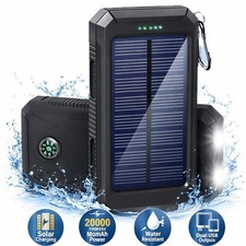 Solar Power Bank 20000mAh Waterproof Portable Charger Dual USB LED Light