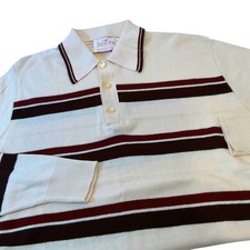 Jantzen Vintage Striped Long Sleeve Knit Polo Shirt Men's Size L Cream Rust
