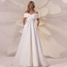 Satin Wedding Dress Pleat Lace Applique Off Shoulder Lace Up Chapel Train Bridal