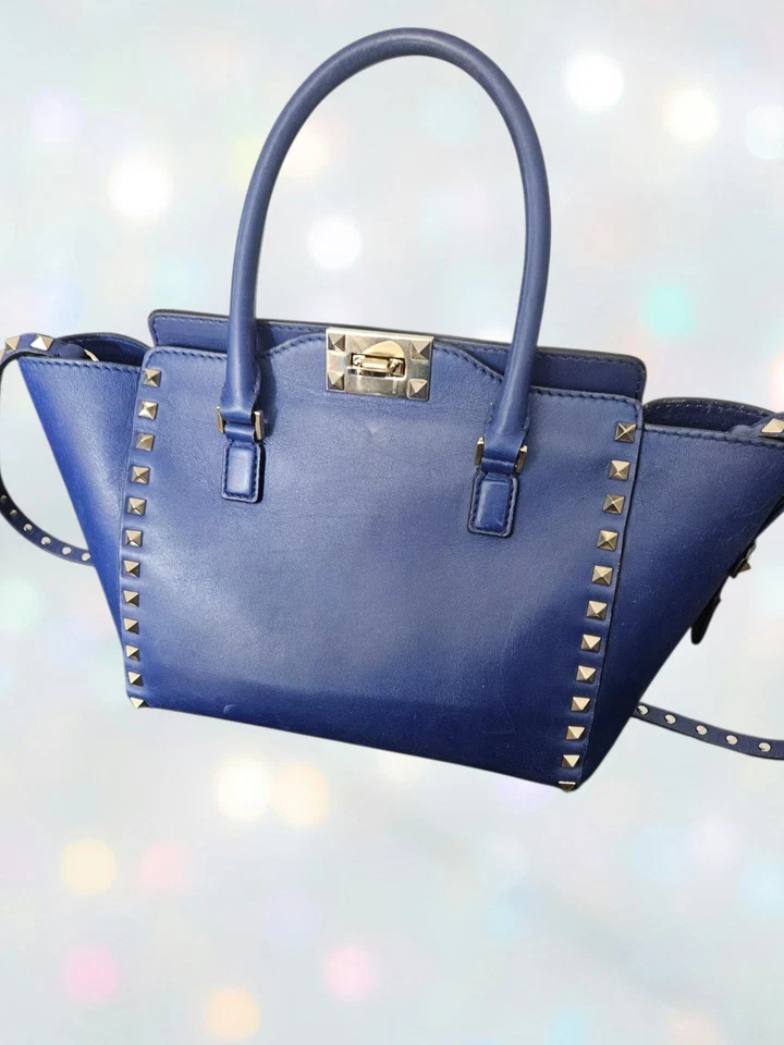 RARE Valentino Garavani Rockstud Tote Medium Blue Leather Bag Purse Handbag 👜 - Image 3 of 4