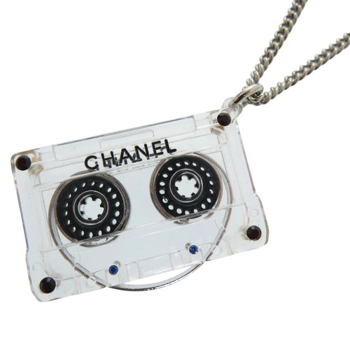 CHANEL Cassette Tape Rhinestone Necklace Plastic Clear 1434 CHANEL Authentic