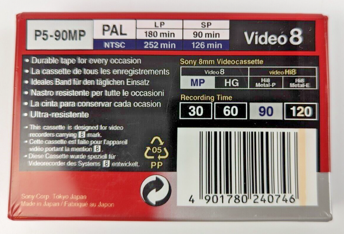 SONY VIDEO 8 MP PAL 90 CASSETTE P5-90MP TAPE HIGH QUALITY
