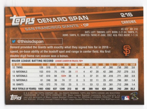2017 Topps Chrom Saphir Edition Druckauflage 250 Denard Spannweite #216 San Francisco - Bild 2 von 2