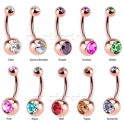 Rose Gold IP Surgical Steel Double Gem Navel Ring Belly Button Ring 14G 3/8'' 