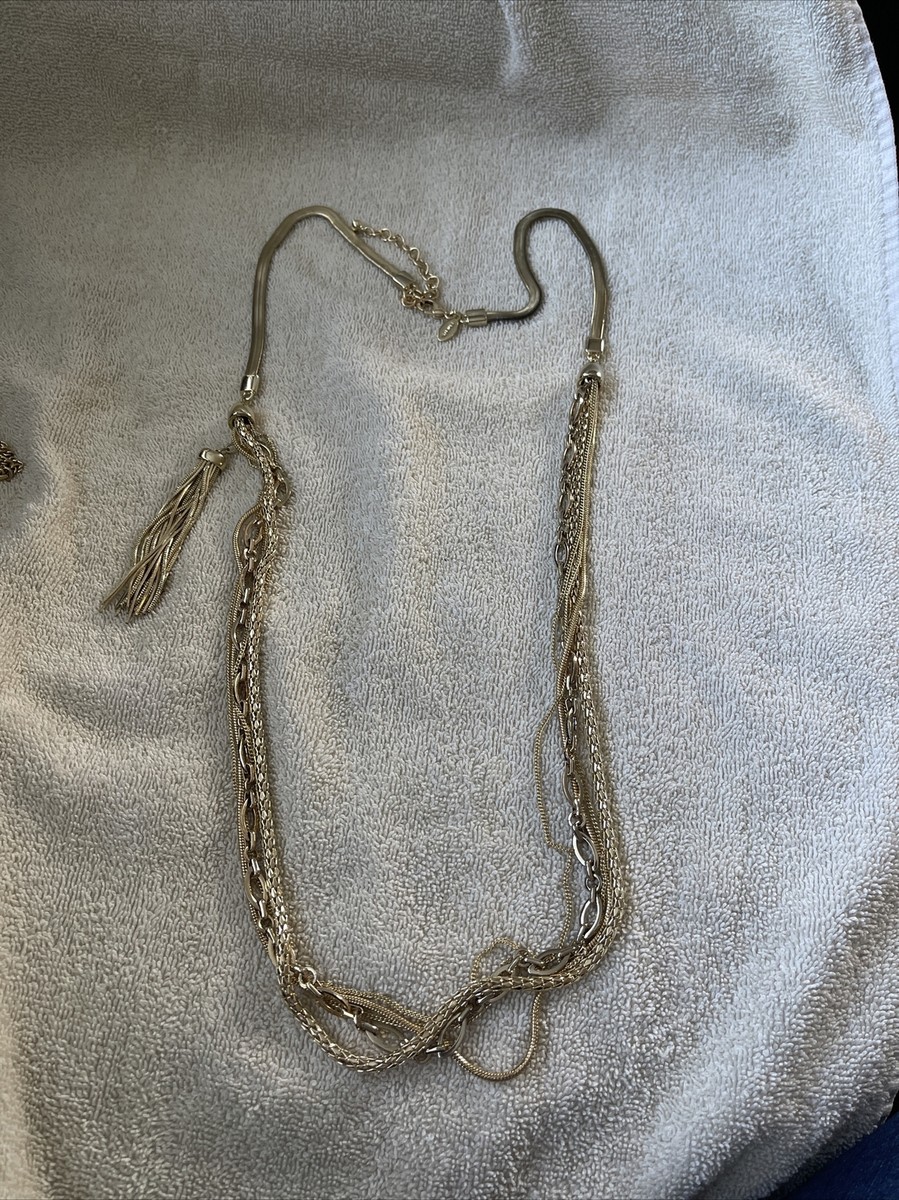 Chicos Long Gold Tone Multi Chain Necklace. Tassel Feature 