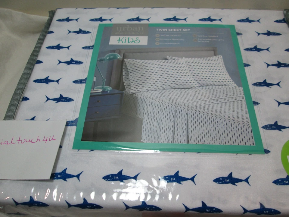  NUEVO Juego de sábanas dobles Urban Domains Kids DAVY SHARK ~ Azul marino Nuevo en paquete Foto 2 de 4