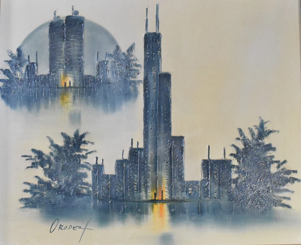 EDUARDO OROPEZA середины века современный Chicago Skyline масло на холсте, 26 «x 30» - Изображение 2 из 4