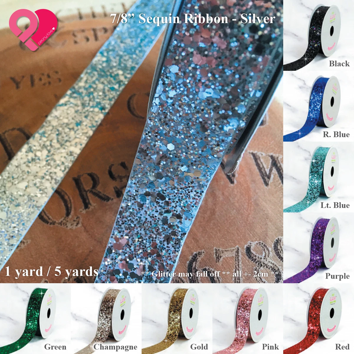 7/8 Sequin Glitter Lace Ribbon Trim Shiny Sparkly Metallic Rose Gold Royal  Blue