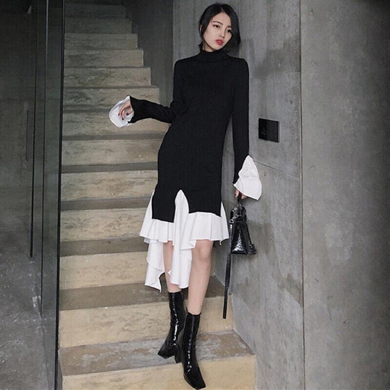 Womens Slim High Neck Long Sleeves Knitted Dress Patchwork Sweater Dress  Black