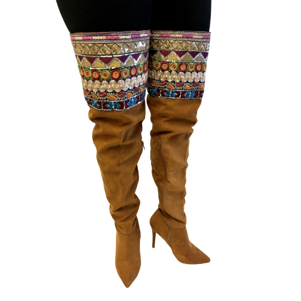 Vtg 80's Style BOHEMIAN EMBELLISHED Thigh High Tall FESTIVAL Boots Stiletto Heel - Image 2 of 4