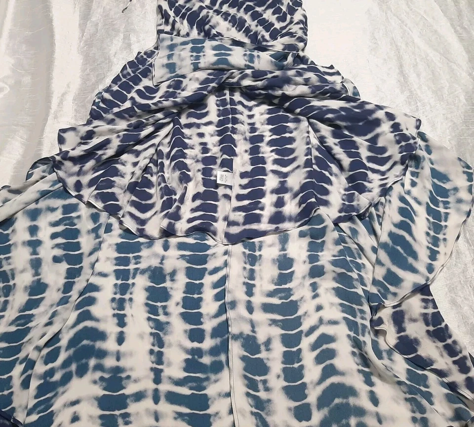 Vestido Halter Haute Hippie XS 100 % Seda Alto Bajo Imitación Envoltura Cuello en V Azul Tie Dye Boho Foto 3 de 4