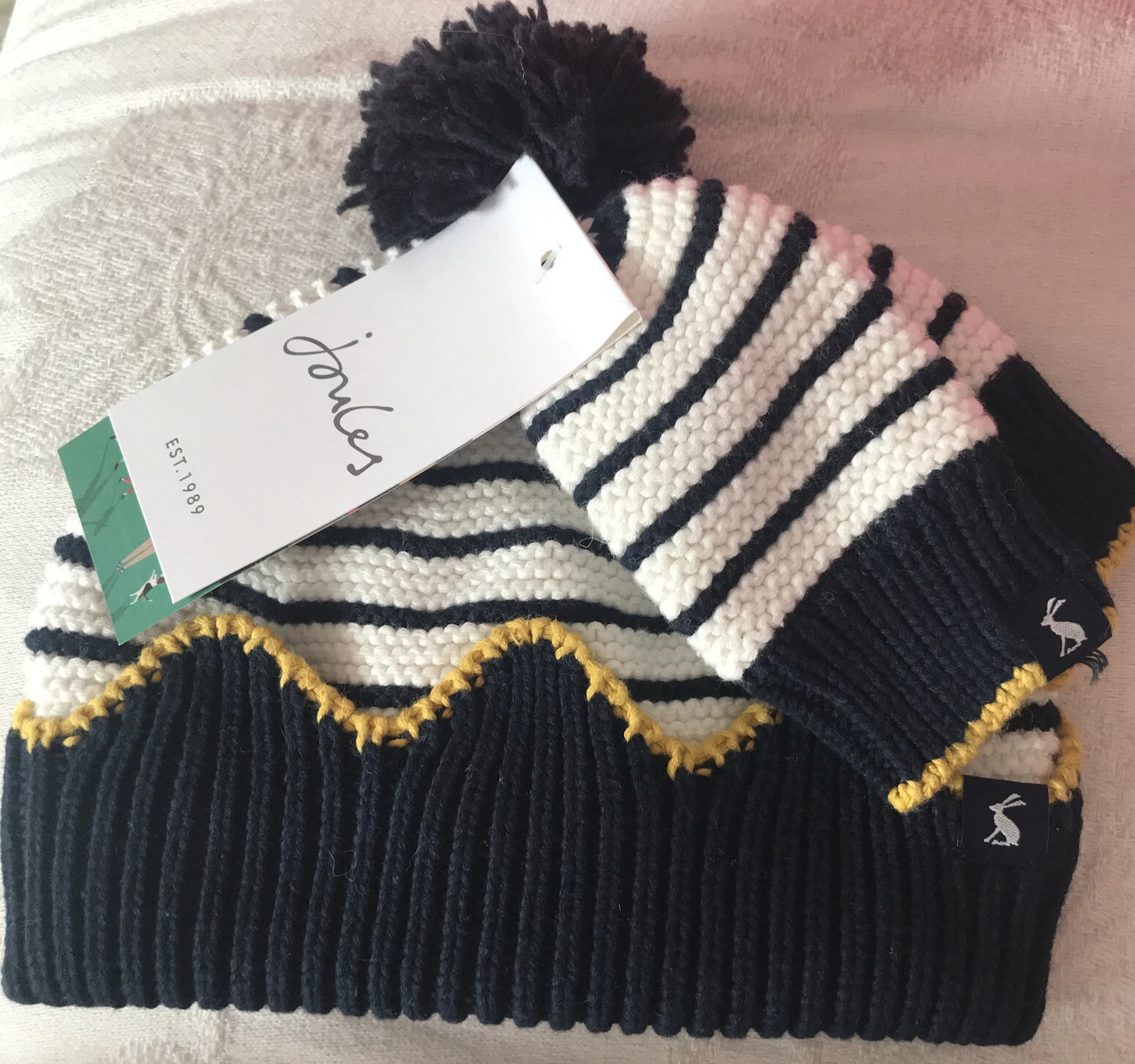 6-12 Months Joules Navy & Cream Lined Organic Cotton Knitted Bobble Hat & Mitts