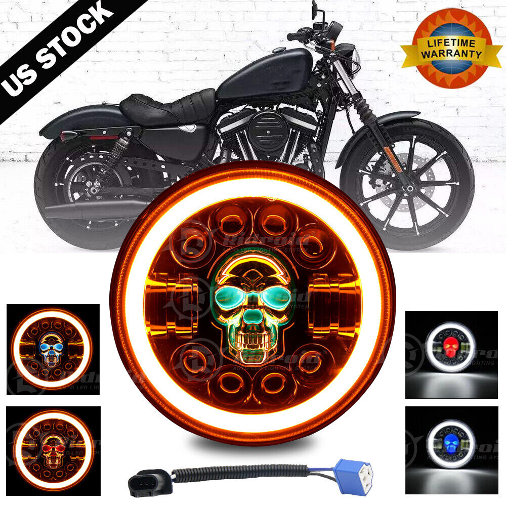 7" Skull LED Headlight Angel Eyes For Harley-Davidson Honda Yamaha Motorcycle US