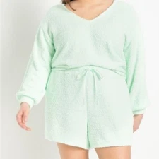 Eloquii cozy fuzzy v neck long sleeve shorts mint green lounge set size 22/24