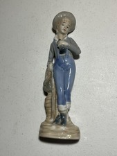 Estatuilla de porcelana similar a la niña Lladro con un sombrero apoyado en un poste