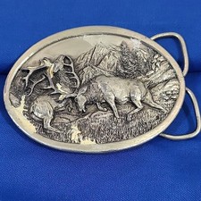 Vintage 1983 Fighting Elk Motif Siskiyou Leather Buckle Co Belt Buckle USA Flaw