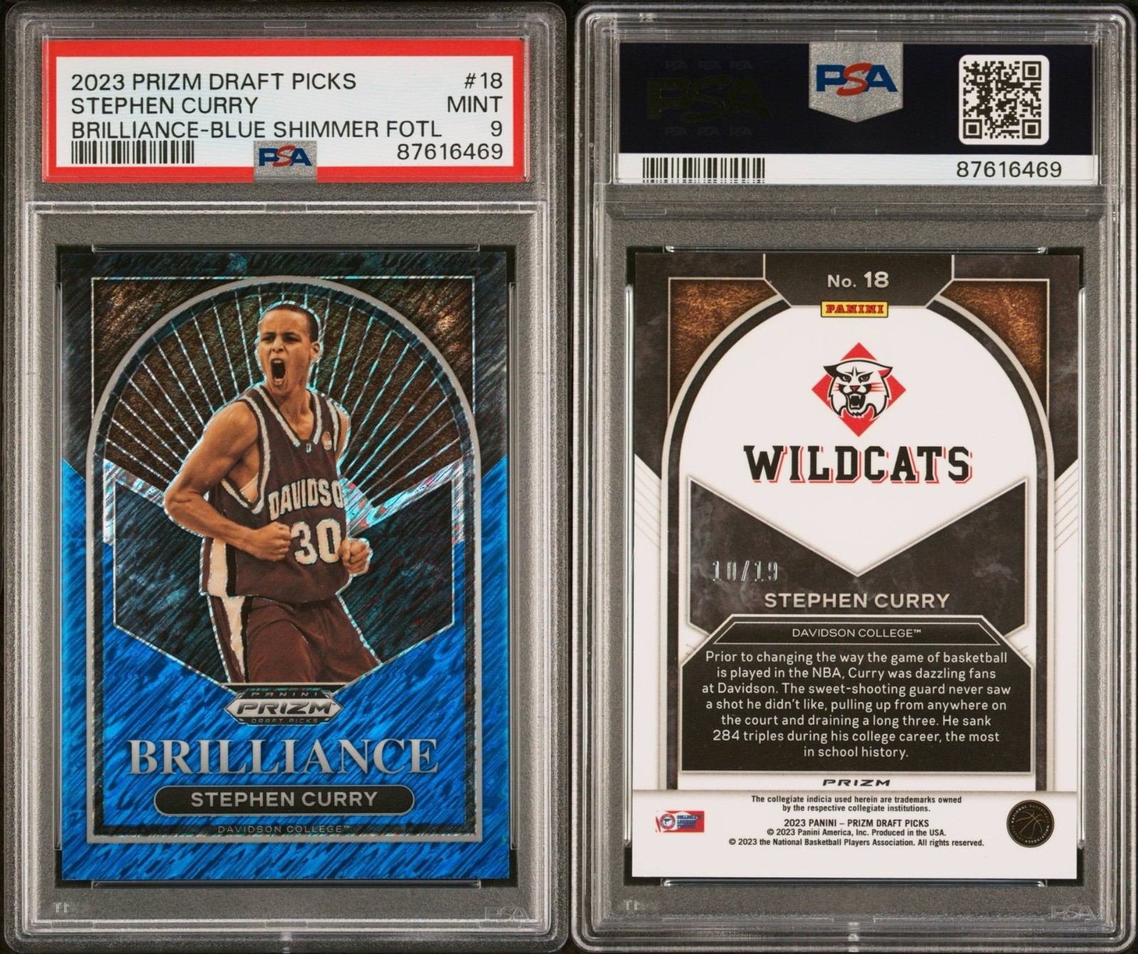 STEPHEN CURRY 2023 Panini Prizm Brilliance Blue Shimmer FOTL Prizms 10/19 PSA 9 view 3