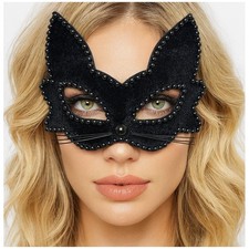 Black Cat Masquerade Mask Women Velvet Beaded Eye Mask Halloween Cosplay Costume