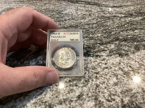 1963-D 50c ACCUGRADE Franklin Silver Half Dollar ACG Vintage Old Holder - BU Gem