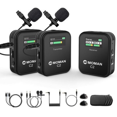 Moman Wireless Lavalier Microphone C2X, 2.4G Dual Transmitter Lapel Mic 656FT...
