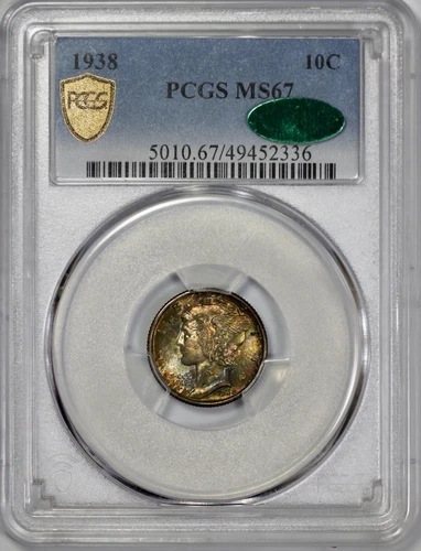 1938 Mercury 10c Dime PCGS MS 67 Tie Dyed Toned CAC Approved