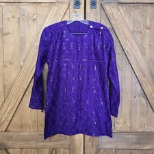 Vintage Purple Embroidered Sequin Tunic Kurta Top Long Sleeve Boho Women s M