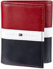 Tommy Hilfiger Men's Premium Leather Trifold Wallet Rfid Red White Navy Blue