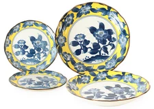 Mino ware Japanese Ceramics 2 Pasta Plates & 2 Salad Plates set Camellia Flowers