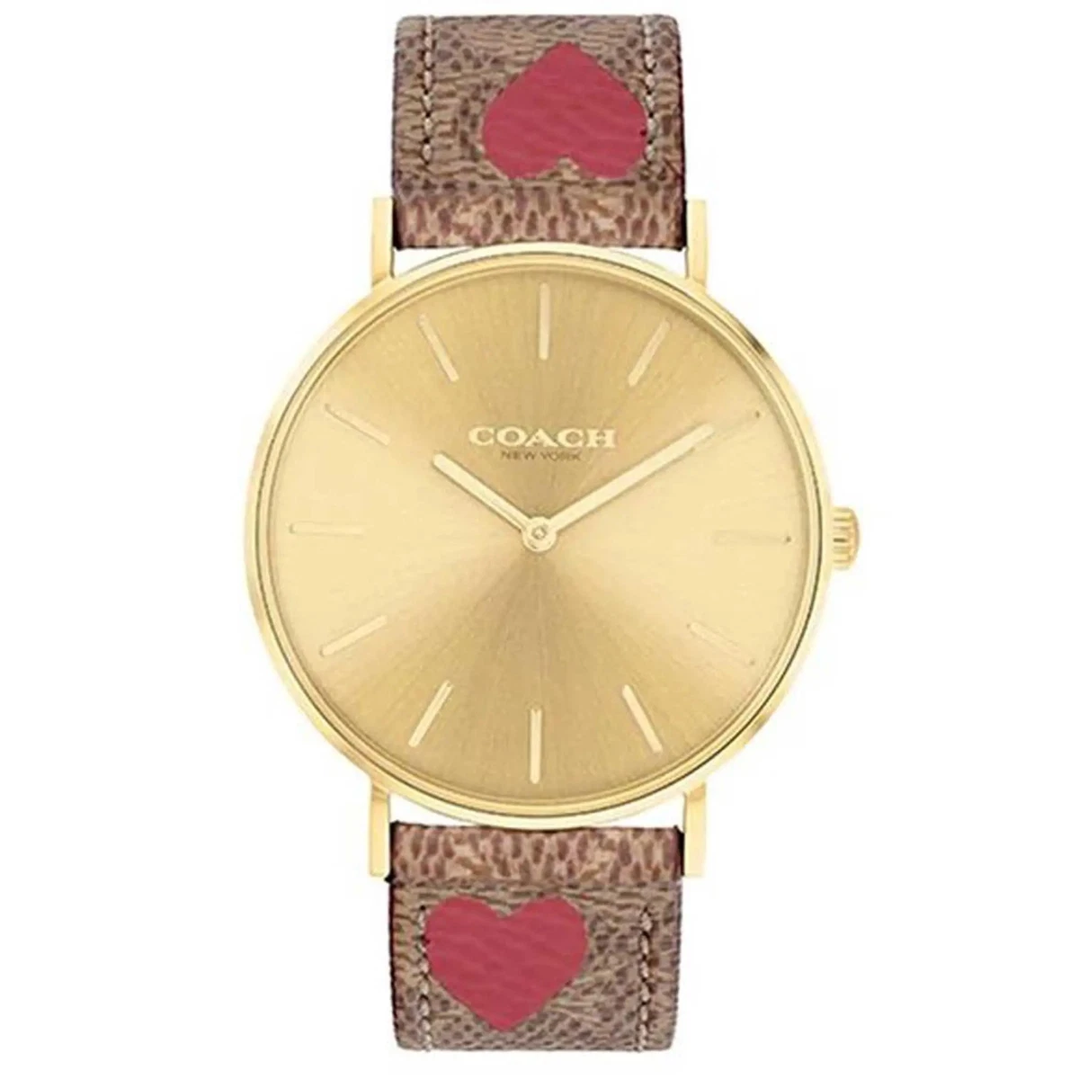 Coach Perry Leather Strap Steel Gold Dial Quartz Ladies Watch  