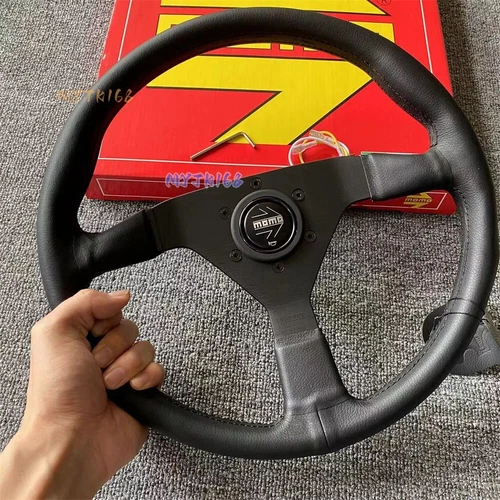 14Inch MOMO Leather Steering Wheel Black horn Flat bracket for Universal 340MM - Picture 4 of 8
