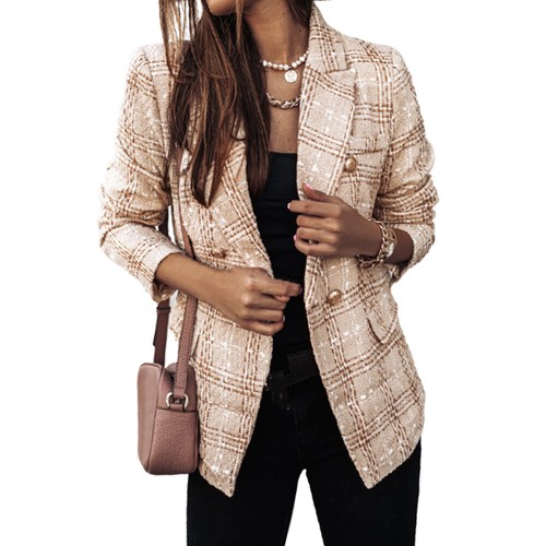 Women Long Sleeve Check Blazer Jacket Tartan Tweed Duster Coat Plaid