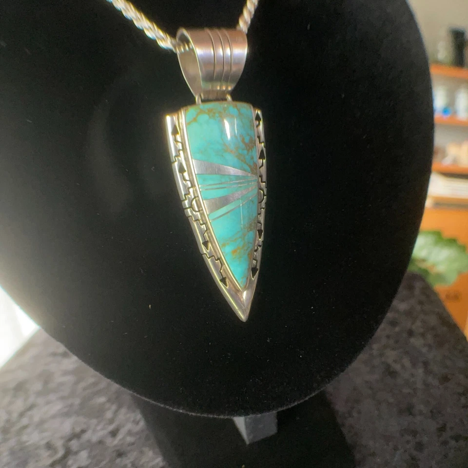Vintage Sterling Silver Signed Zuni Tyrone Mine Turquoise Inlay Necklace Boho - Image 3 of 4