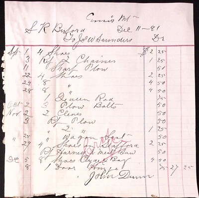 1891 S.R. Burford ENNIS MT Billhead to J.W. Saunders for Agricultural Implements