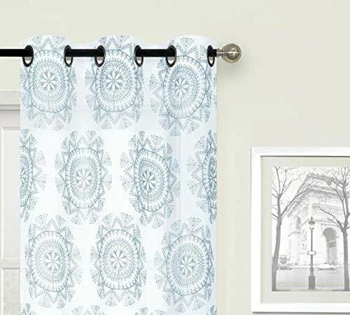 Panel Cortina Regal Transparente Ojal Elegante Bordado Geométrico Aqua/Blanco Foto 3 de 3