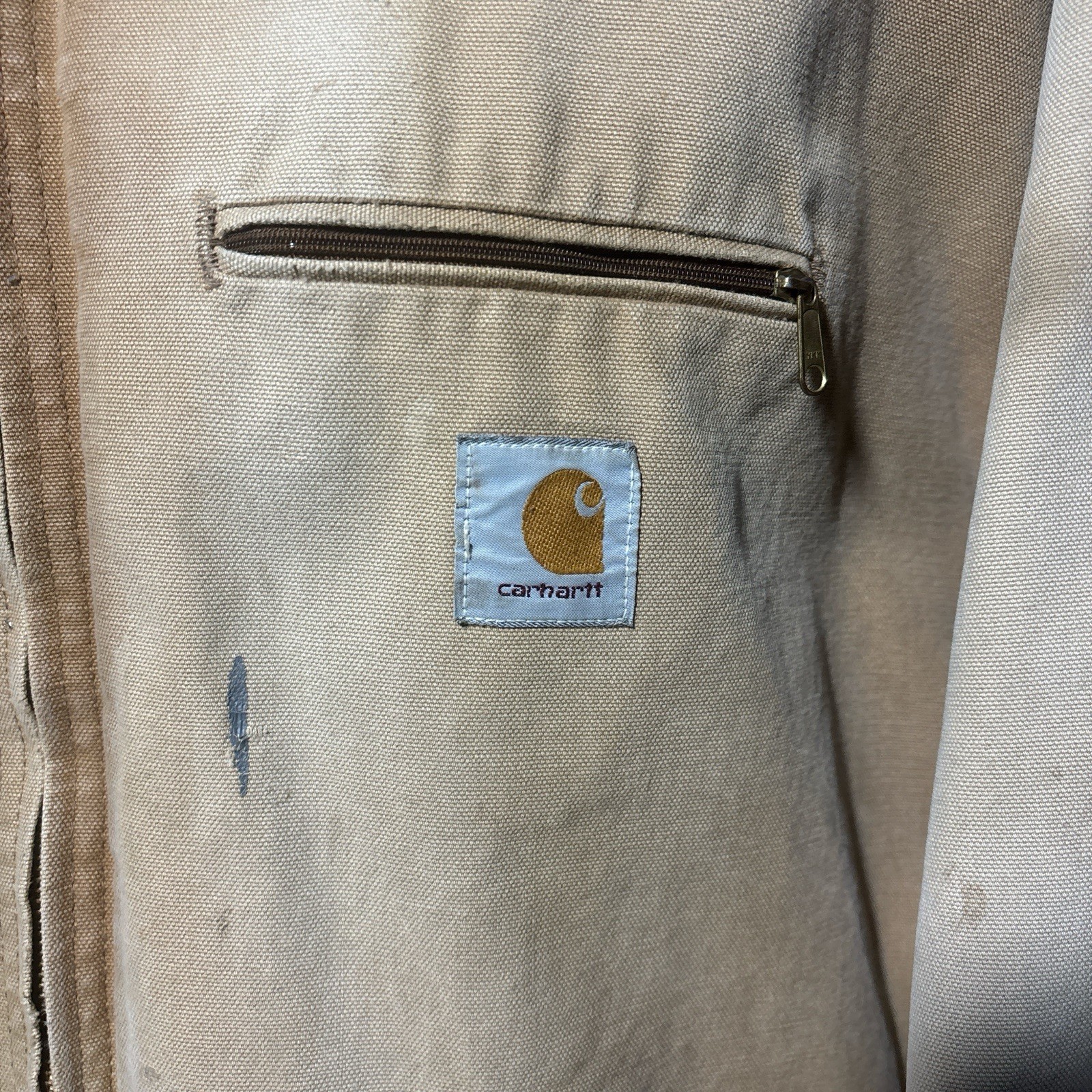 Detroit style Carhartt Beige  Work Jacket Men's Lined Zip Button Brown Collar thumbnail 4
