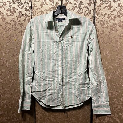 Ralph Lauren Vintage Green Multi-Color Striped SLIM FIT Button Down Top Size 2