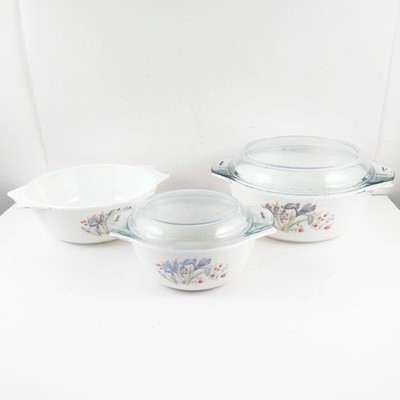 Vintage Corning Ware Pyrex Auflaufform 3er Set ''Blue Iris'' SCHEIBE LESEN