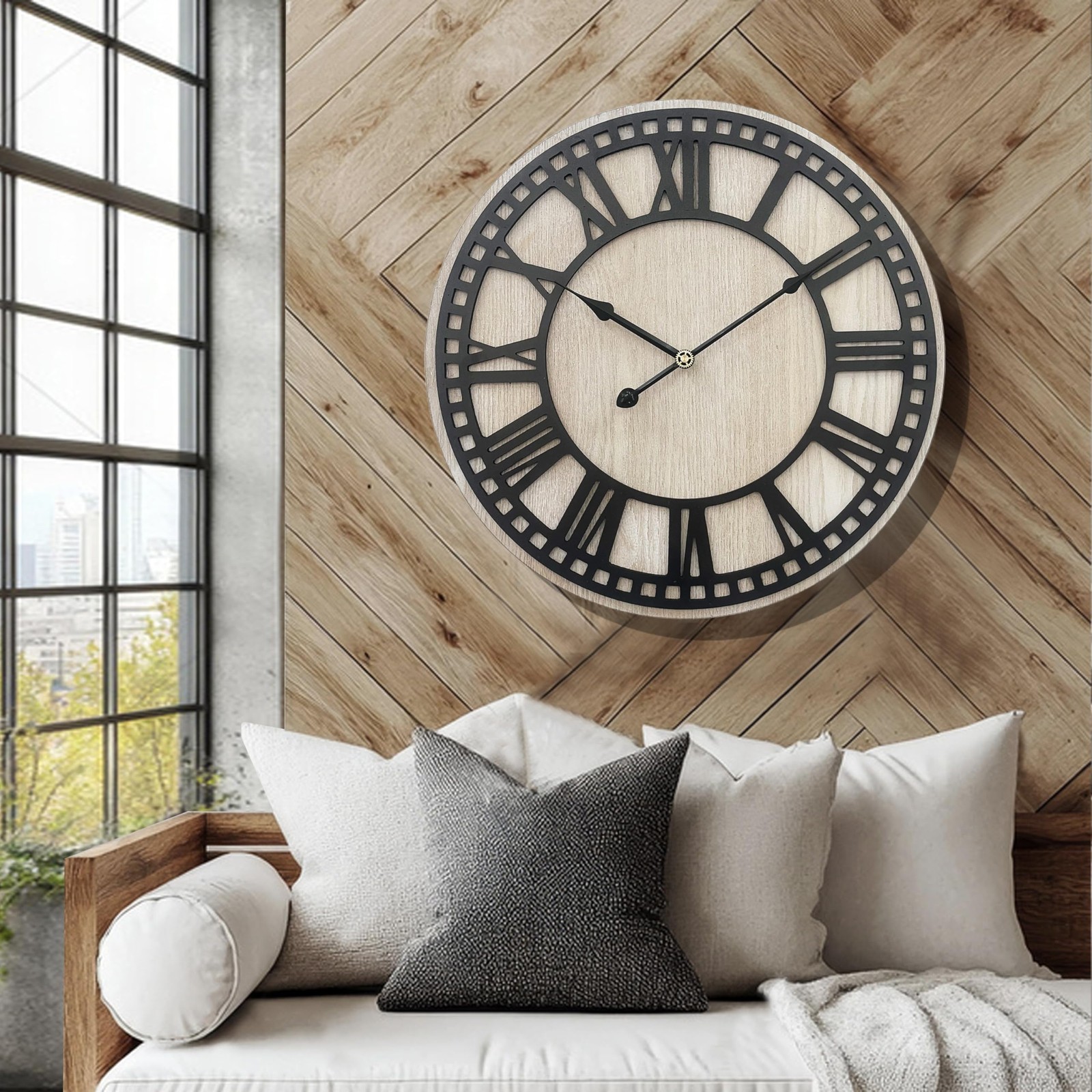 Wooden Large Wall Clocks, Silent Non-Ticking Farmhouse Wall Clock for Living ...