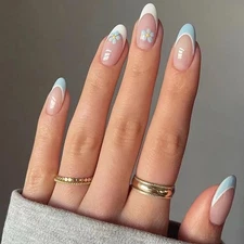 evpct Flower French Tips Press on Nails Short Oval for Women Gift, Nature + S...