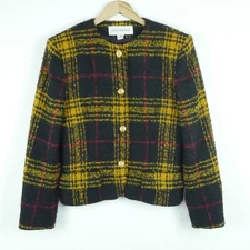 Vintage Size 4 Jacket Crop Blazer 90s Elegant Luxury Plaid Yellow Black Tweed