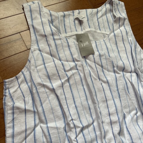 J Jill Midi Dress Womens Size Large Petite White Blue Striped Linen NWT