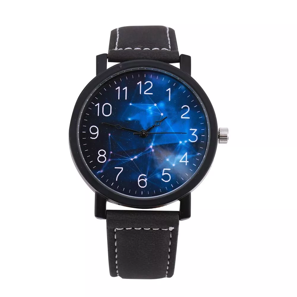 Starry Sky Dial Female Male Quartz Wrist Watch Round PU Strap Big