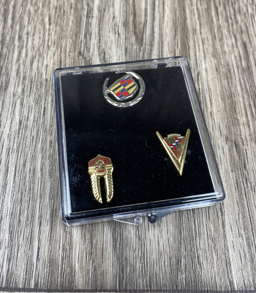 Collection Set of 3 Cadillac Emblem Lapel Pins In box 1941, 1947 & 2000 Small