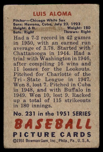 1951 Bowman #231 Luis Aloma RC (corner wear) - Picture 2 of 2