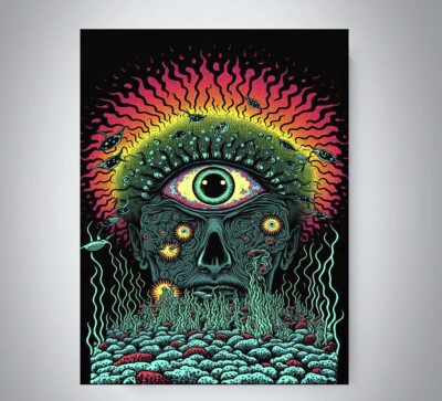 TRIPPY PSYCHEDELIC SKULL EYE POSTER ABSTRACT WALL ART PRINT SIZE A3 A4 ...