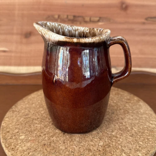 Vintage USA Hull Oven Proof Creamer Pitcher Brown Drip Glaze 4.4”