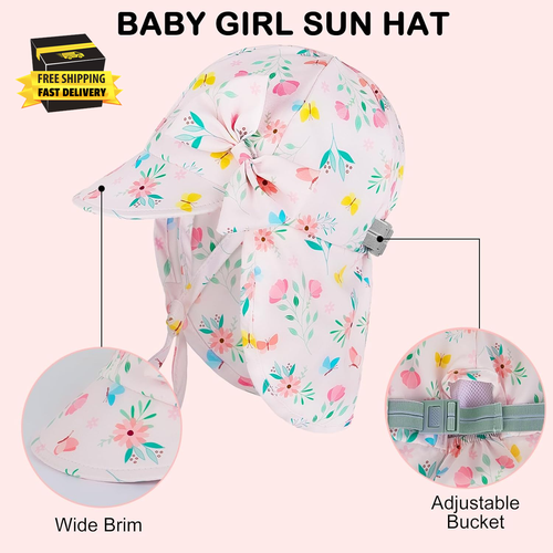 Baby Sun Hat for Girls UPF 50+ Adjustable Toddler Bucket Hats Traveling Essentia - Picture 3 of 6