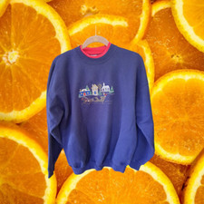 Grandma Chic Christmas Scene Blue Sweatshirt with Red Collar Size Large