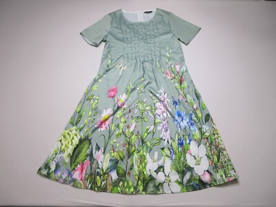 ShallWe Womens Floral Print Scoop Neck Short Sleeve Dress Back Zip Size L Green